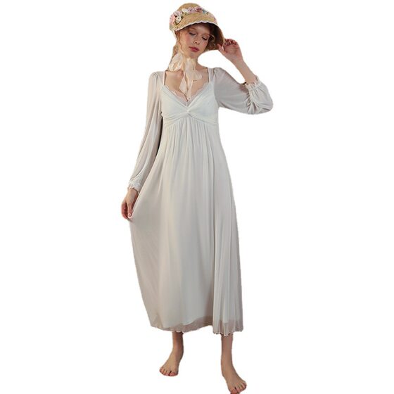 Autumn V-Neck with Chest Pad Pleated Kink Entry Luxury Palace Modal Mesh Nightgown Solid Color Dress in Stock