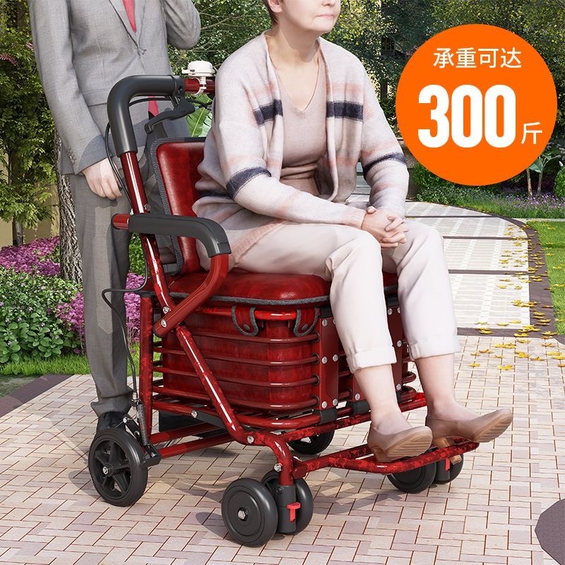 Portable Household Scooter for the Elderly, Foldable Shopping Four-Wheel Grocery Cart, Pushable and Sit-Down Storage Trolley for the Elderly