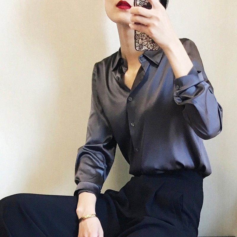 重磅缎面仿真丝衬衫女秋季新款外穿年高级感衬衣高端洋气上衣女|undefined