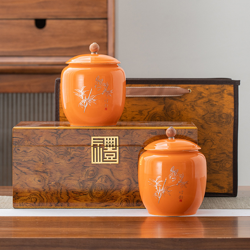 Tea Canister with Ceramic Landscape Packaging, Dual Canister Gift Box with Wooden Case, Sealed Storage Canister for Loose Leaf Black Tea