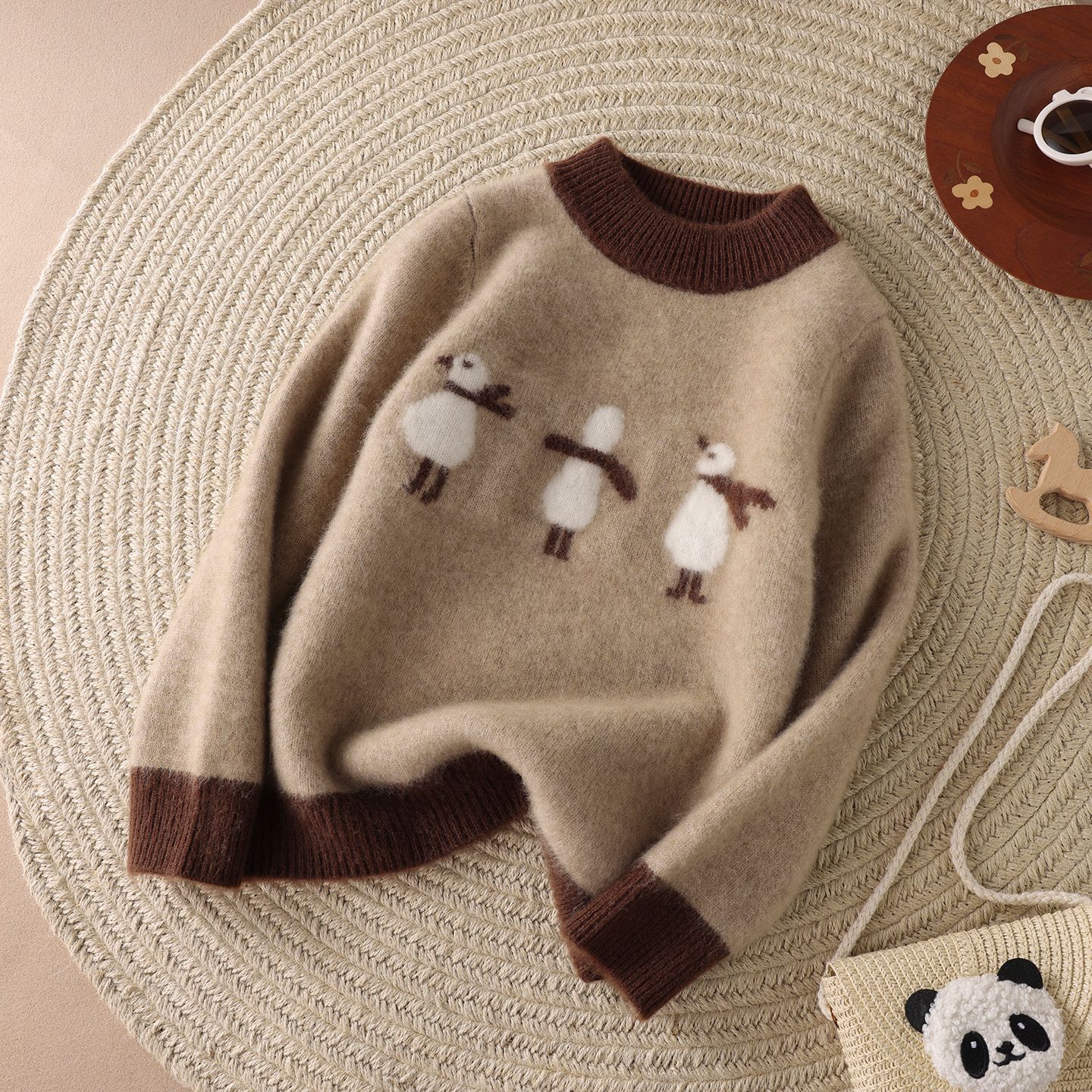 Children's jacquard wool sweater with color blocking, high neck, thickened pullover base layer for autumn and winter.