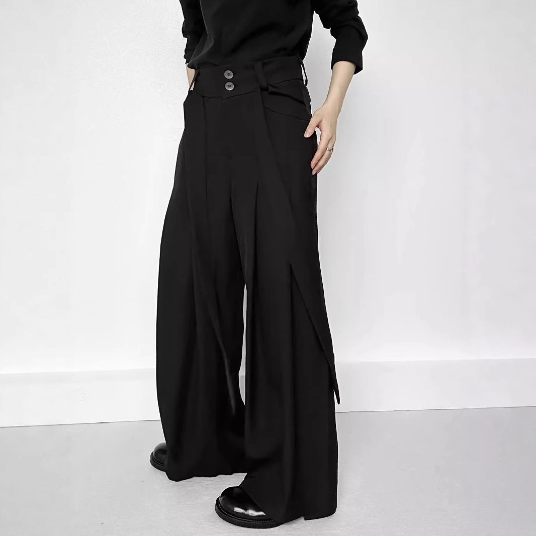 Summer High-End Designer Men's and Women's Dress Pants with Lm Ribbon, Unisex Yohji Yamamoto Minimalist Pleated Black Casual Pants