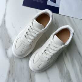 麦*昆无标休闲增高坡跟舒适平底百搭经典厚底轻便真皮小白鞋女鞋