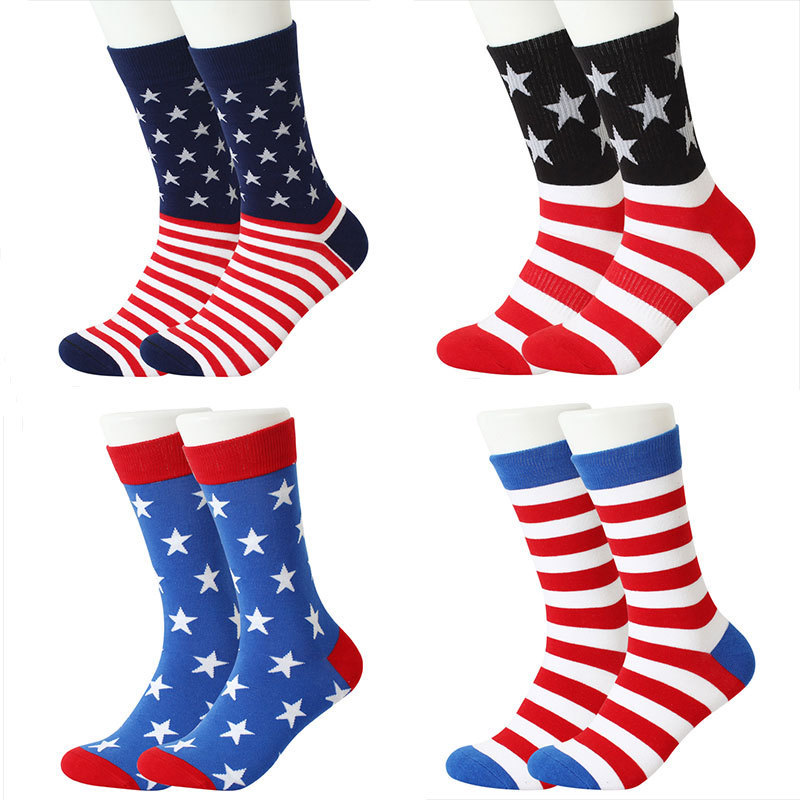 Cross-border Amazon Pure Cotton US Independence Day Flag Socks Color-block Striped Mid-size Socks Men's Wedding Socks