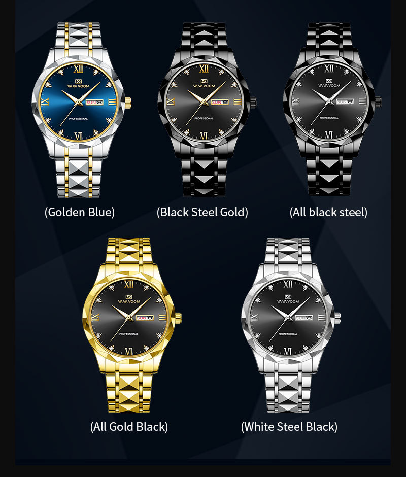 Neue Uhr Doppel Kalender Woche Bewegung Niete Edelstahl Kette mit Diamant Herren Einfache Quarz Wasserdichte Uhr_voghion.com