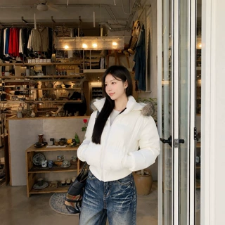 ADAM BO毛领连帽羽绒服女90白鸭绒短款收腰保暖美式面包服外套