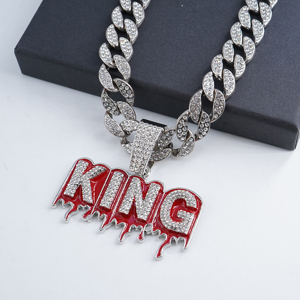 Collar de hip-hop europeo y americano con colgante de letra KING incrustado de diamantes, lleno de diamantes, personalizado y llamativo, para hombre, cadena cubana, transfronterizo.