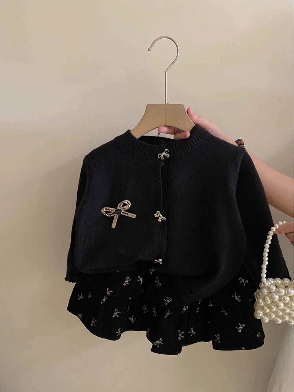 Набор, кардиган с бантом, юбка, корейский стиль, стиль Chanel, осень, цветочный принт
