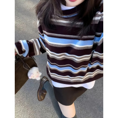 法式复古撞色条纹长袖毛衣女装秋季独特设计感宽松百搭针织上衣潮