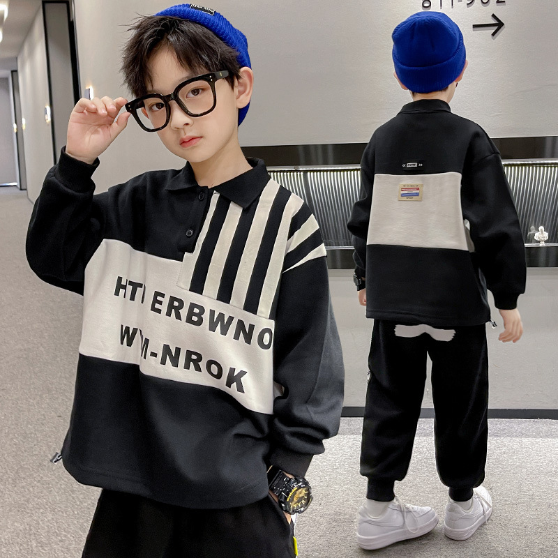Children's polo shirt spring and autumn new 2024 middle and large children's casual top boys patchwork striped turtleneck fashion brand