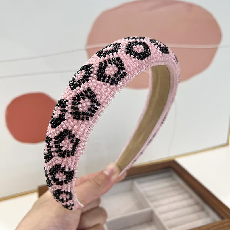Pink leopard print rice beads 3cm sponge headband