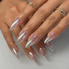 Droplet Almond Point Acrylic Nails with Pearl Shine Silver Gradient, Wholesale Nail Art for Ladies