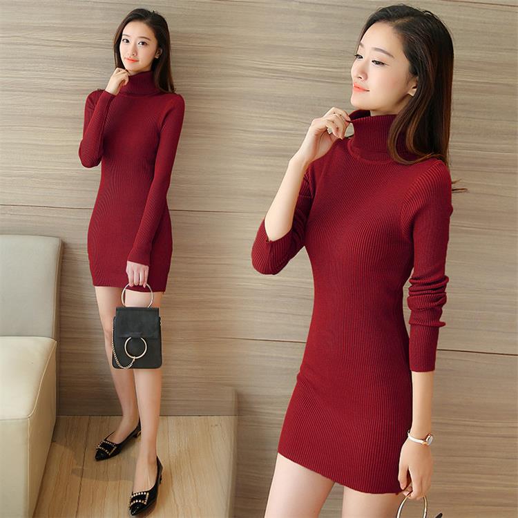 高领中长款毛衣女拜年过新年衣服女打底针织衫性感修身连衣裙包臀