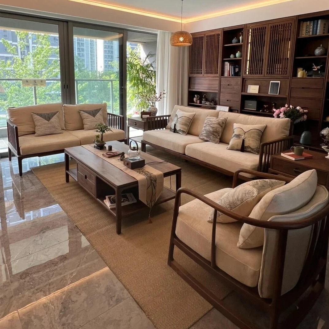 New Chinese Style North American Black Walnut Living Room Sofa Combination Leisure Light Luxury Sofa Chair Solid Wood High-End Coffee Table Combination