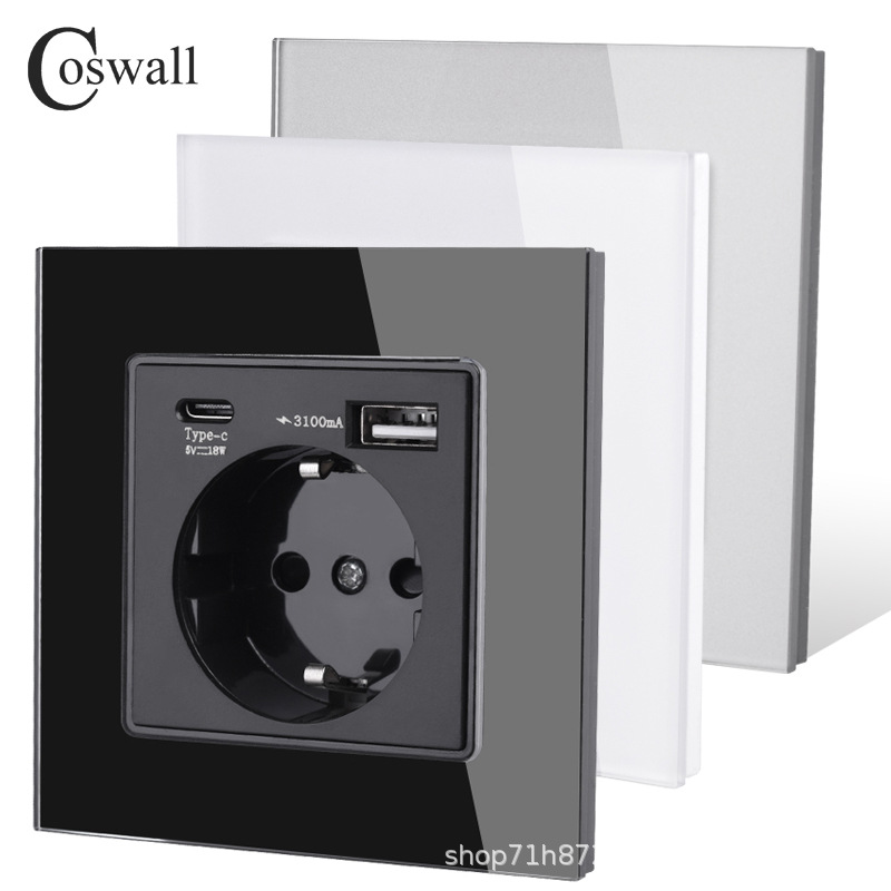 玻璃欧盟/德式/法式 墙壁电源插座  USB&typec充电端口 3A 快充