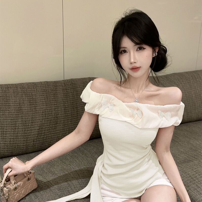 Dopamine Irregular Off-Shoulder Short-Sleeve T-Shirt 2026 Summer New Style Girly Sweet Age-Reducing One-Shoulder Top
