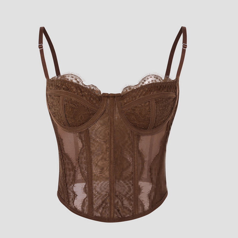 Cross-Border Hot-Selling Sexy Sexy Push-Up Tight Fishbone Eyelashes Lace See-Through Camisole Bra Corset Top