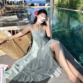 法式超仙长裙女浅青色夏季仙女吊带立体花朵连衣裙新款法式吊带裙