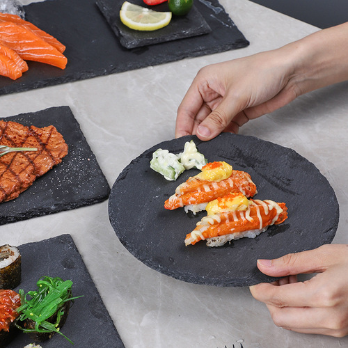 Japanese black rock dessert sushi plate, Western creative tableware plate, rock board grilled meat plating steak plate