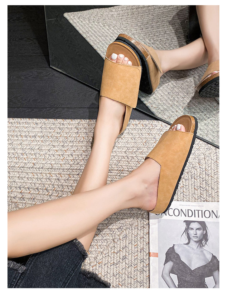 Dép sandal nữ quai ngang bản rộng mũi tròn đế bằng gấp gọn đi ngoài trời mùa hè — Màu Kaki, Màu mơ, Màu đen chi tiết 31