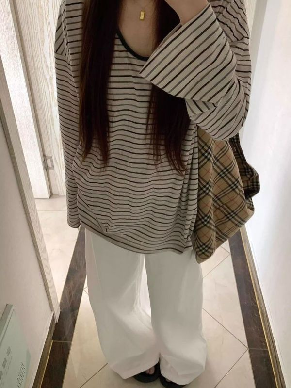 美式复古u领条纹长袖t恤女早秋新款宽松显瘦松弛慵懒防晒罩衫上衣|undefined