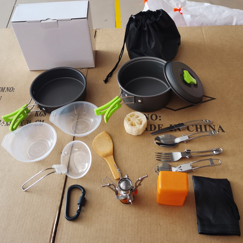 Outdoor portable camping hard oxide aluminum pot set, picnic barbecue pot and tableware for 1-2 people AT6385-2