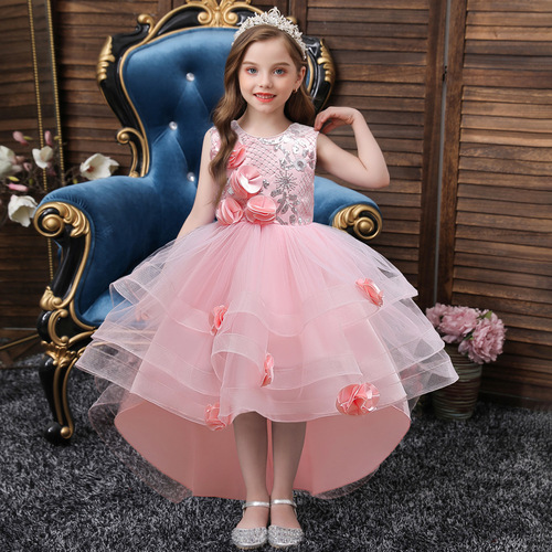 Girl's dress with train princess dress flower child girl runway host piano performance costume bustle evening gown summer