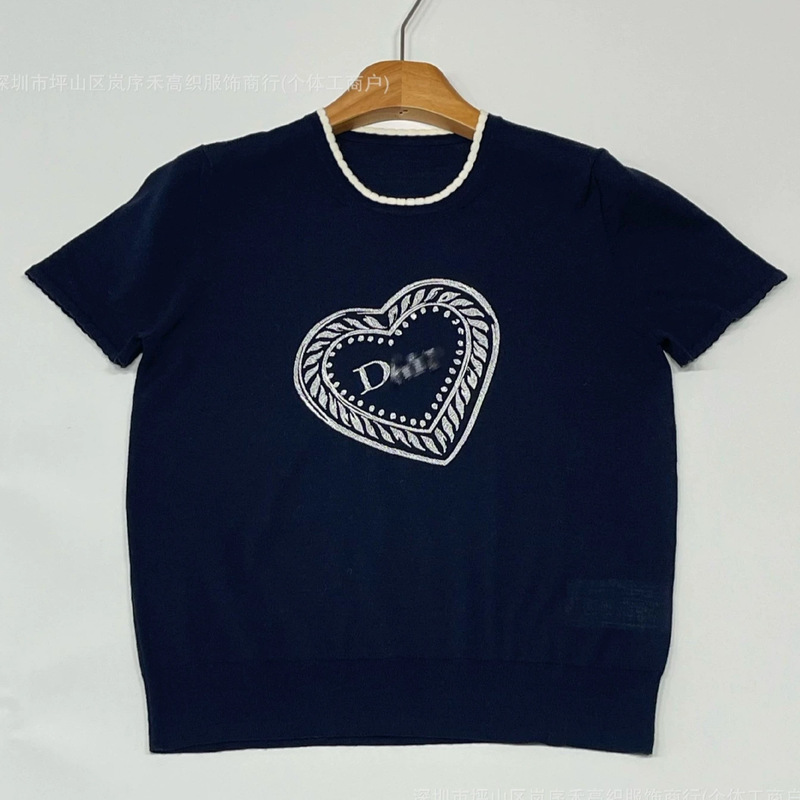 Shenzhen Nanyou~Djia Ding 26 Summer Love Embroidery Lace Round Neck Letter Print Knit Short Sleeve Women's Wool Blend Short