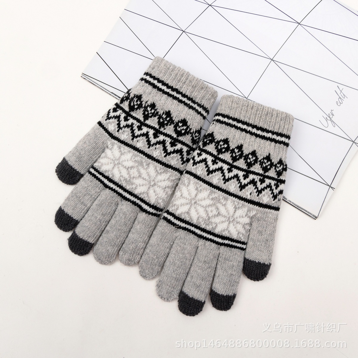 クロスボーダー定番メンズサイクリングアウトドア防寒保温ダブル八角ウールタッチスクリーンジャカードニットグローブ