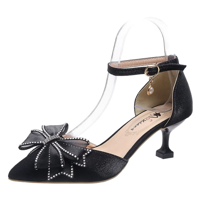 Весна и лето 2023 новые остроконечные туфли на высоком каблуке-шпильке с мелкой пряжкой полые сандалии с атласным бантом женская обувь