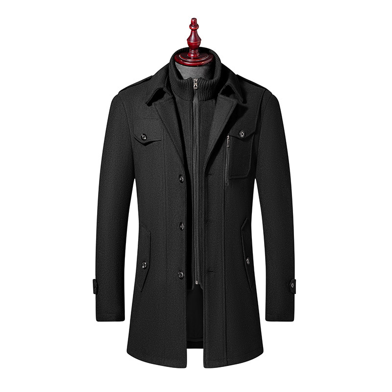 Cross-border European size men's wool coat, business casual, vertical zipper, detachable double collar, thick woolen coat