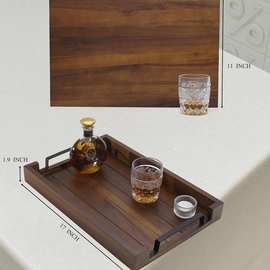 浅棕色金合欢木托盘带黑色铁手柄咖啡威士忌食品长方形木制托盘
