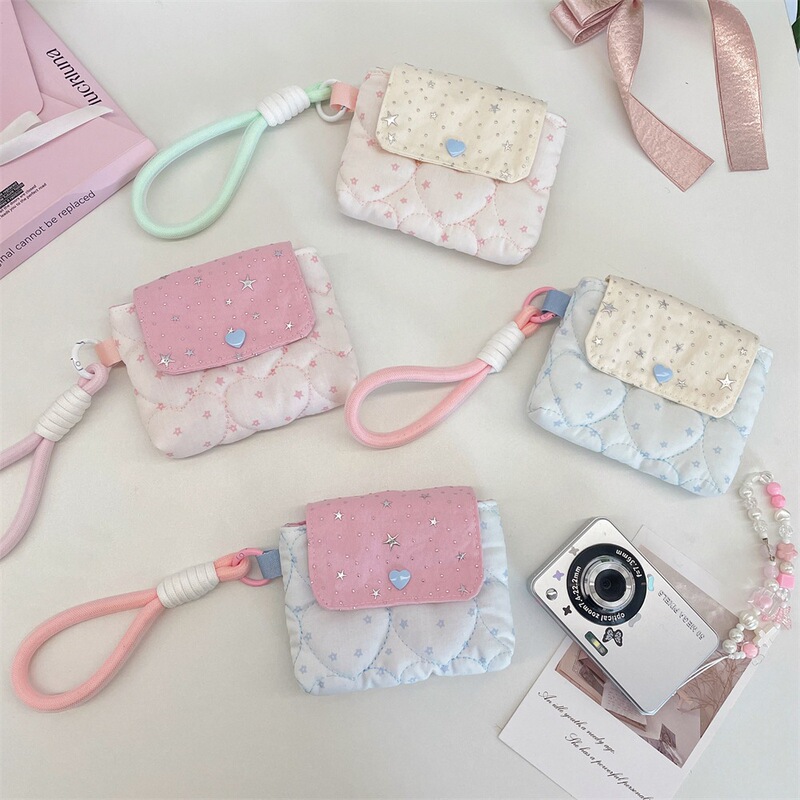 6452 Girly Quilted Star Card Holder with Snap Closure for Girls, Soft Camera and Earphone Storage Pouch