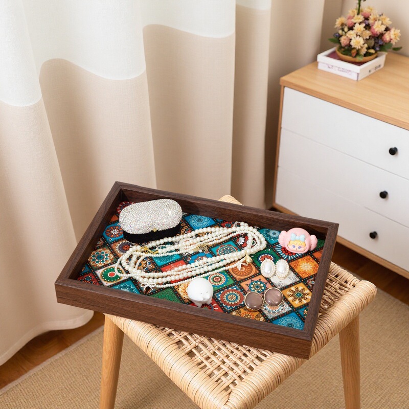 Retro Rectangular Desktop Jewelry Photo Frame Ornaments Key Entrance Storage Box Leather Chinese Tea Tray Tray Home