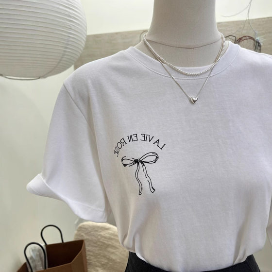 2025 Summer New Thirteen Line South Korea Women's Bow Printed T-Shirt Women's White Cotton Short Sleeve Top tee