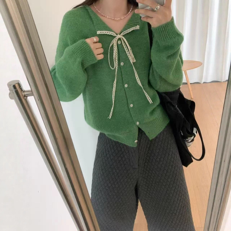 Korean Sweet Bow Lace Collar Sweater Cardigan Jacket Autum French Soft Waxy Knitted Knitwear Top for Women