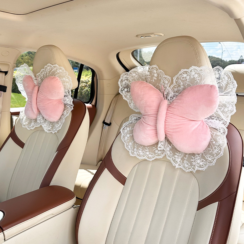 2026 New Car Accessories Plush Butterfly Headrest and Lumbar Support Pink Headrest and Lumbar Support