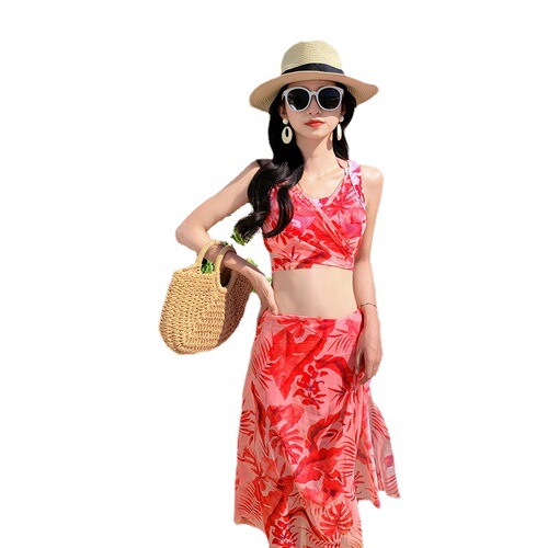 2024 swimsuit female fairy bikini bikini split three-piece set conservative slimming belly-covering sexy hot spring swimsuit