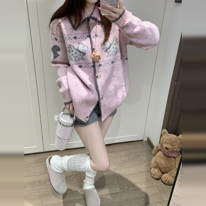 费尔岛设计毛衣慵懒高级感宽松针织开衫外套女秋冬季新粉色上衣|undefined