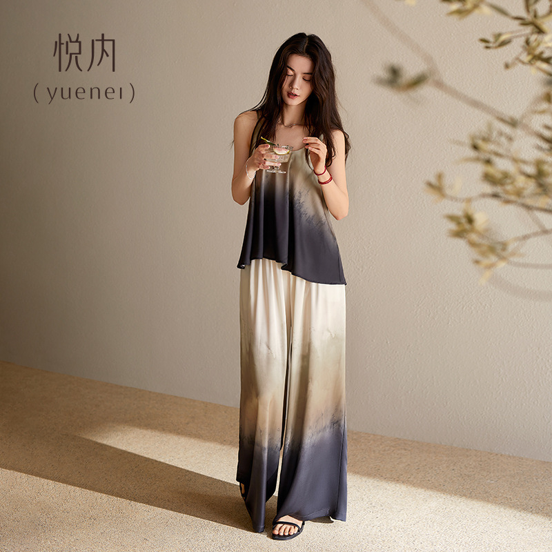 Yuenai パジャマ胸パッド付き女性の夏サマーキャミソールワイドレッグパンツアイスシルクホーム服グラデーションタイダイ|undefined