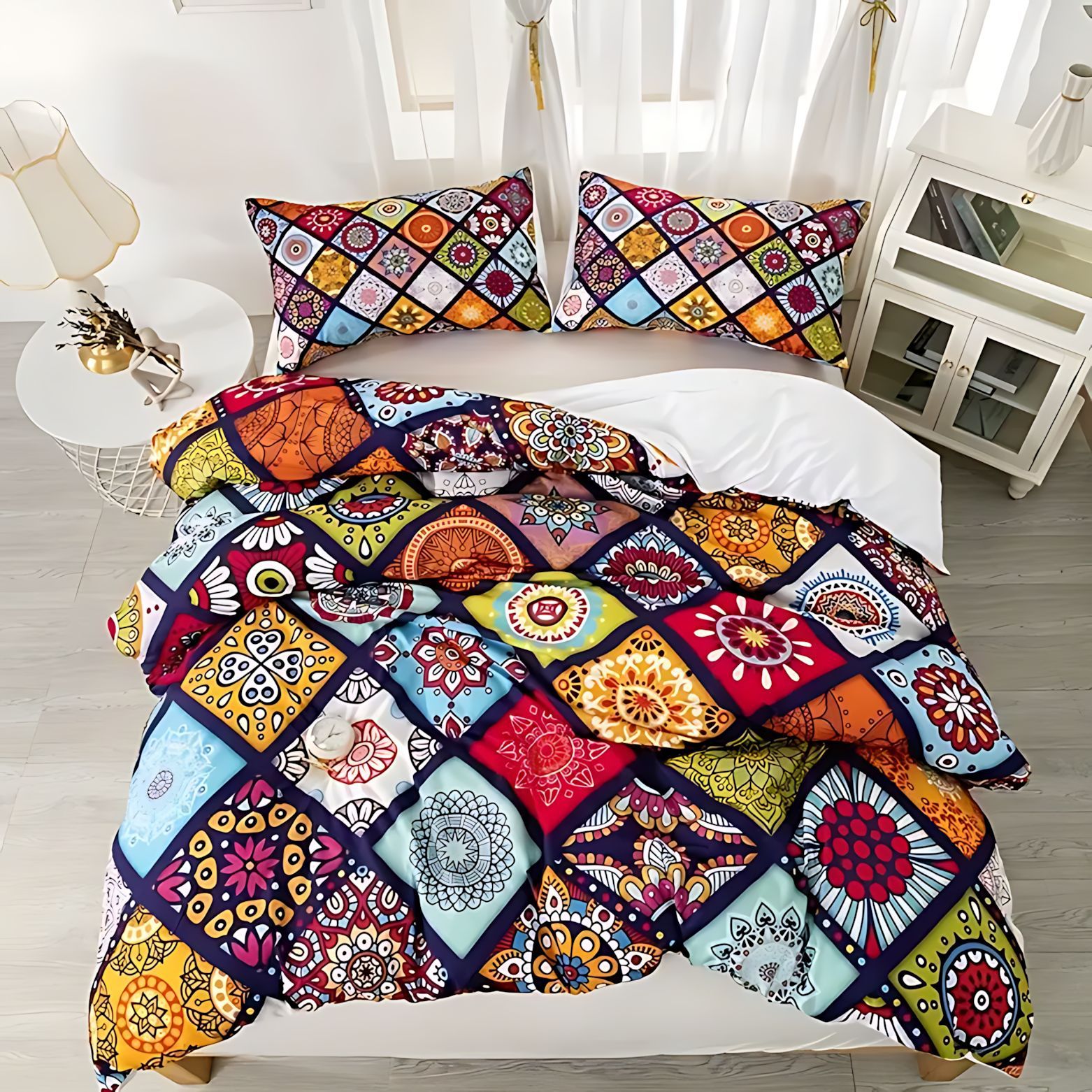 TEMU / JIT estilo bohemio de color cuadrícula 3D impresión digital abrasión colcha de colcha Kit