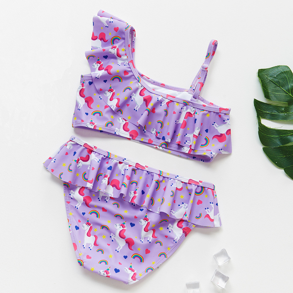 U Neck Neckline Cartoon Pattern Girl'S Gender Casual Style Girls' Bikini Set Ruffled Frill Children's Split Swimsuit Children Swimsuit