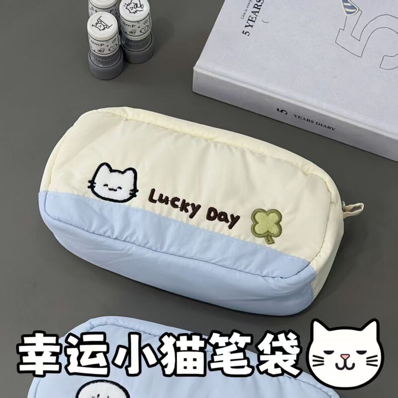 日系可爱四叶草幸运小猫刺绣笔袋ins大容量学生文具收纳袋铅笔盒|undefined
