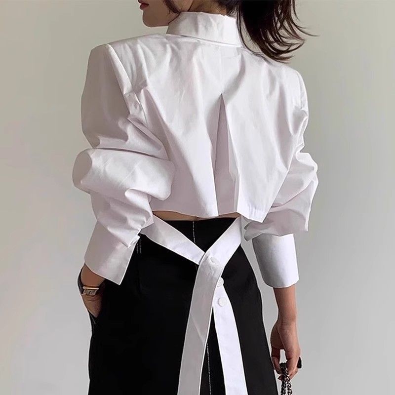 韩国秋季小众设计感翻领后背镂空绑带系扣宽松百搭短款衬衫女