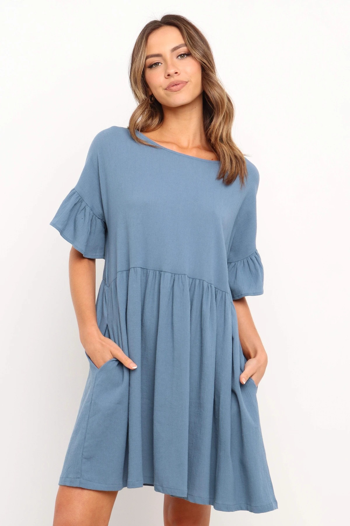 round neck short sleeve loose pleated solid color dress  NSYD36535