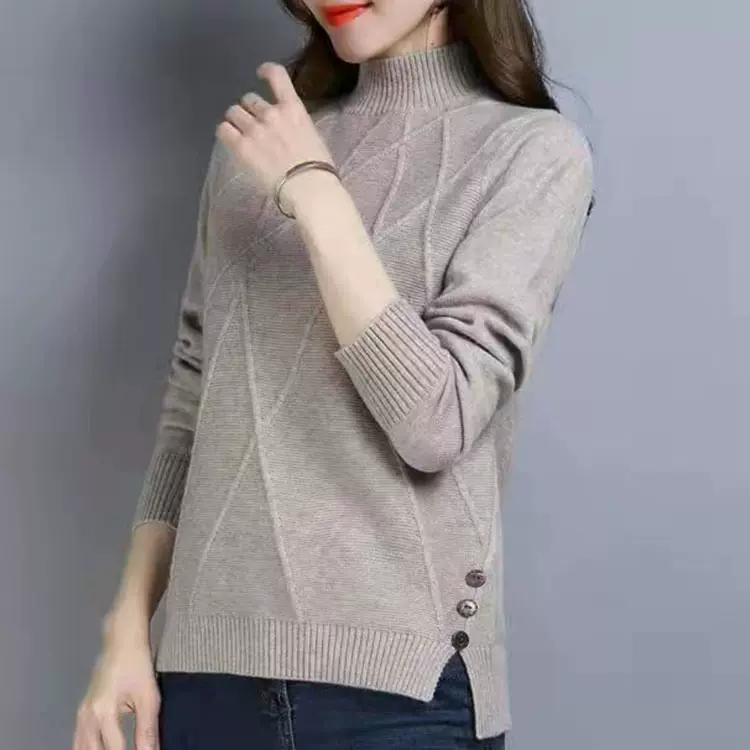 2023毛衣女秋冬韩版简约开叉半高领长袖气质休闲针织衫女式内搭潮