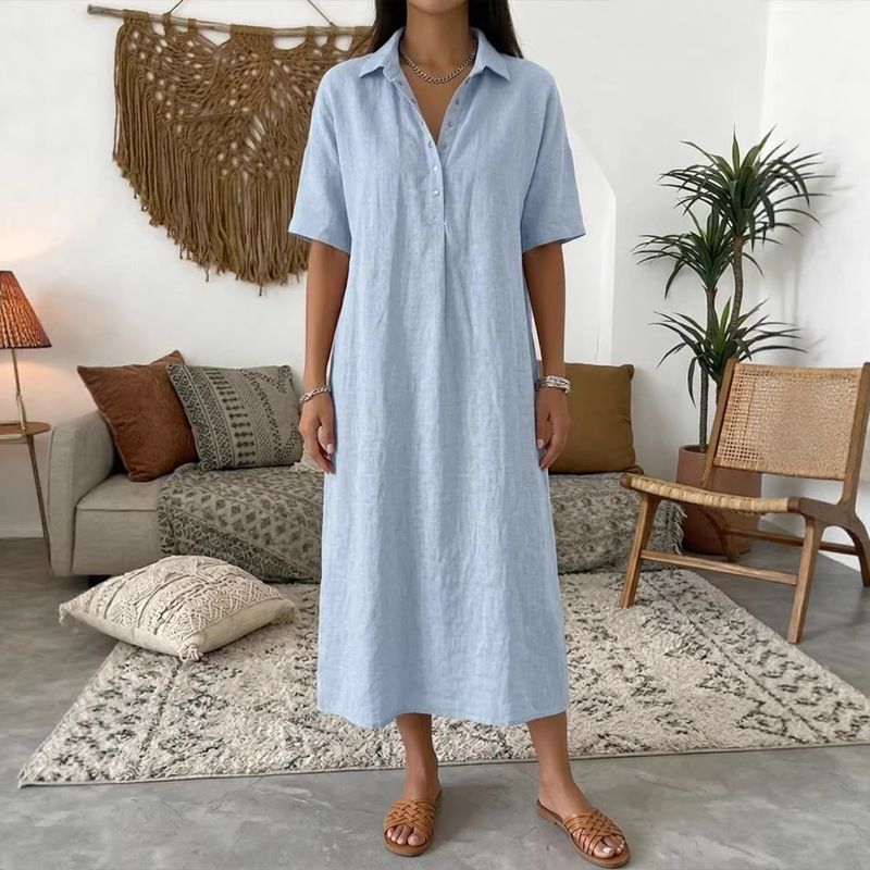 2026 Women's Spring/Summer Cross-Border Amazon New Casual Straight Comfortable Polo Collar Linen Short-Sleeve Dress 2026 Women's Spring/Summer Cross-Border Amazon New Casual Straight Comfortable Polo Collar Linen Short-Sleeve Dress