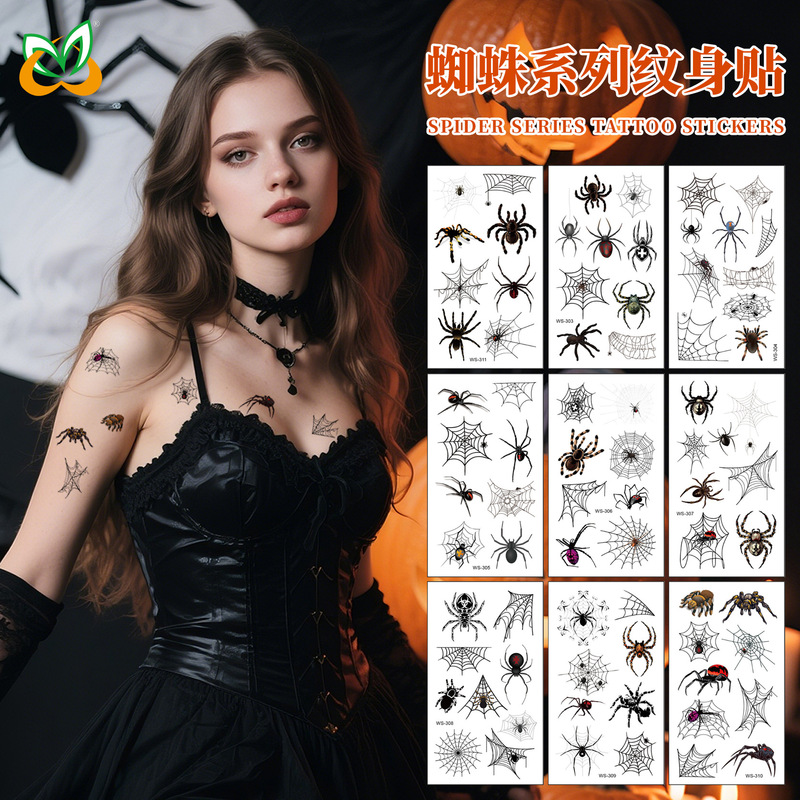 Cross-border in stock Halloween spider tattoo stickers European and American holiday party dress props water transfer simulation stickers