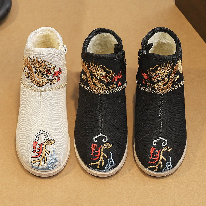 Boy Hanfu обувь старинные сапоги детские вышитые туфли зимний бархатный национальный стиль с конской юбкой