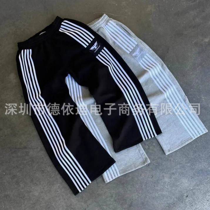亚马逊跨境美式复古休闲时尚直筒宽松运动裤阔腿街头印花条纹长裤